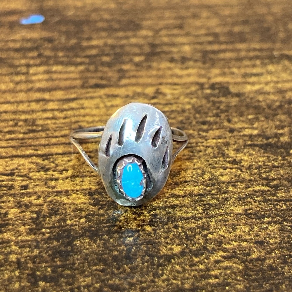 Sterling Silver Native American Style Bear‎ Claw Ring Turquoise Color Size 8